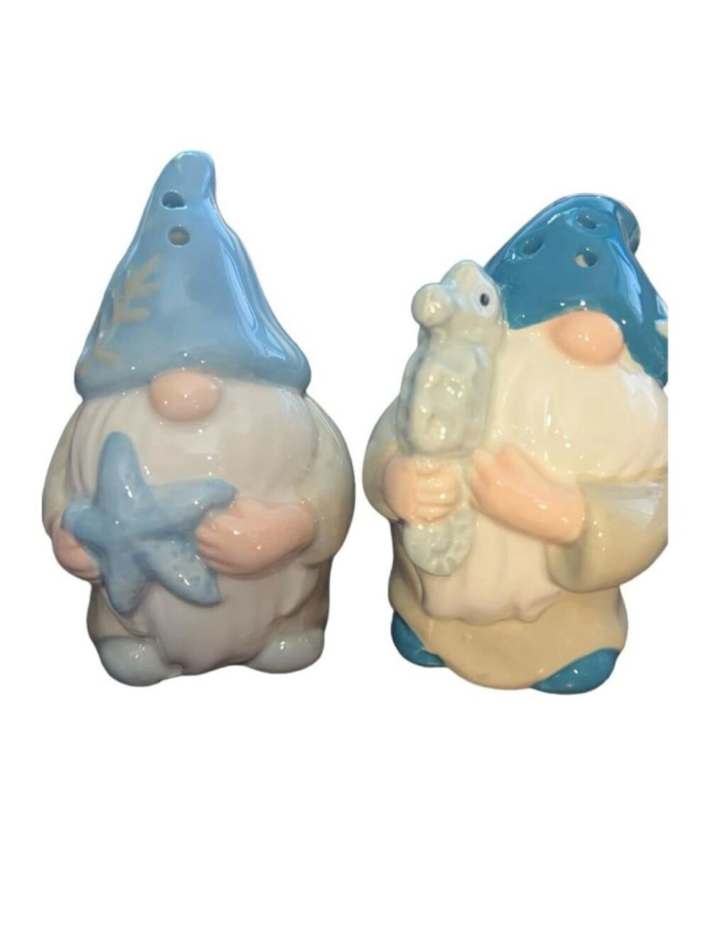 Coastal Beach Gnome Salt & Pepper Shaker Set Seahorse Starfish Nautical Ceramic